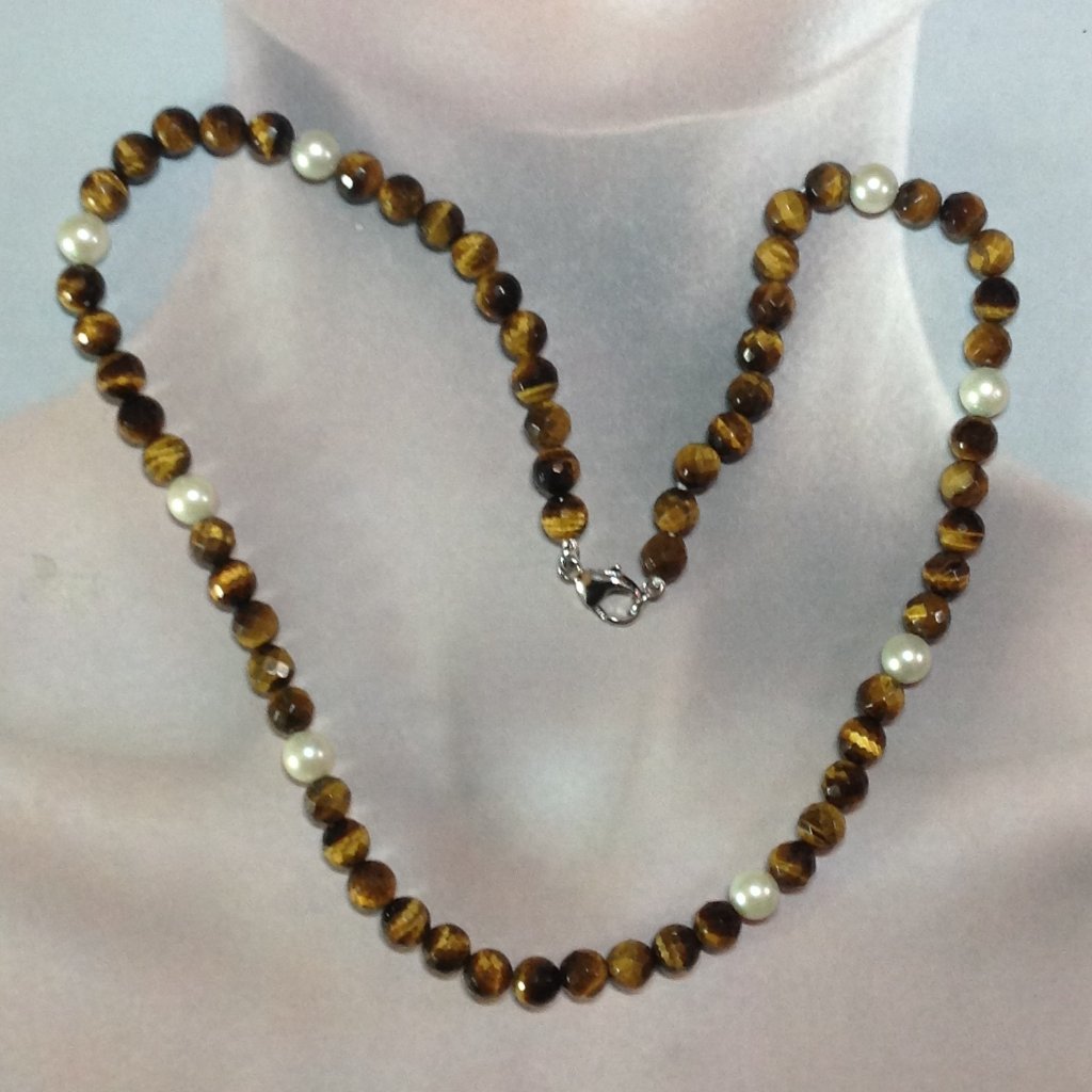 Faceted Tiger-Eye Beads And Cultured Pearl Necklace.